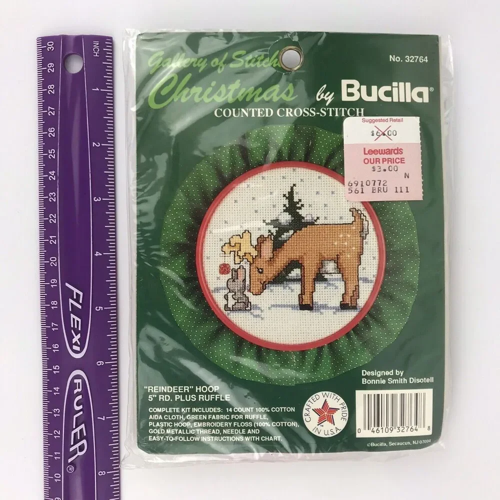 Bucilla Gallery of Stitches Cross Stitch Kit Reindeer 5” Hoop Ruffles Christmas